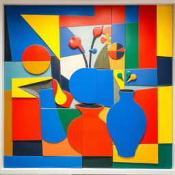 A vibrant and dynamic cubism art piece designed for a wall installation, featuring abstract geometric shapes and a bold color palette including blues, reds, yellows, and greens