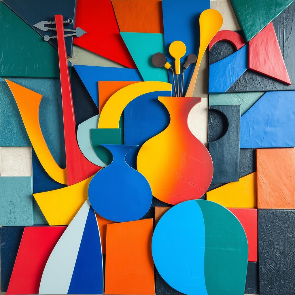 A vibrant and dynamic cubism art piece designed for a wall installation, featuring abstract geometric shapes and a bold color palette including blues, reds, yellows, and greens