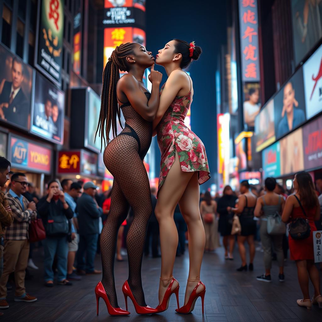 Two beautiful tall ballerinas with long legs, one of African descent with long braided hair wearing an alluring fishnet bodysuit with high leg cutouts and high heels that showcases her large décolleté