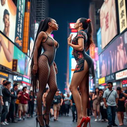 Two beautiful tall ballerinas with long legs, one of African descent with long braided hair wearing an alluring fishnet bodysuit with high leg cutouts and high heels that showcases her large décolleté