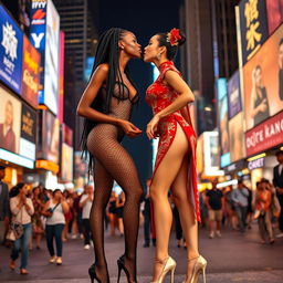 Two beautiful tall ballerinas with long legs, one of African descent with long braided hair wearing an alluring fishnet bodysuit with high leg cutouts and high heels that showcases her large décolleté