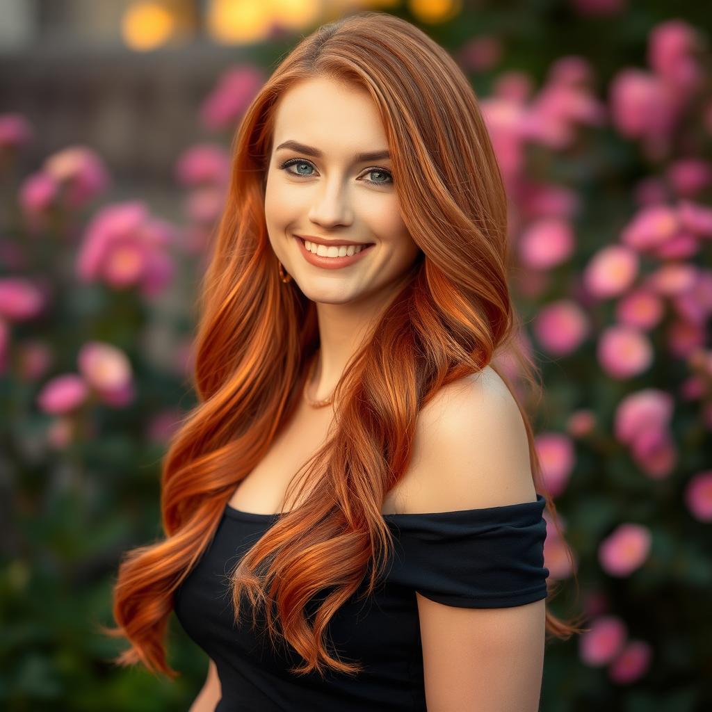 A striking portrait of a woman with long, flowing red hair, cascading down her shoulders in soft waves