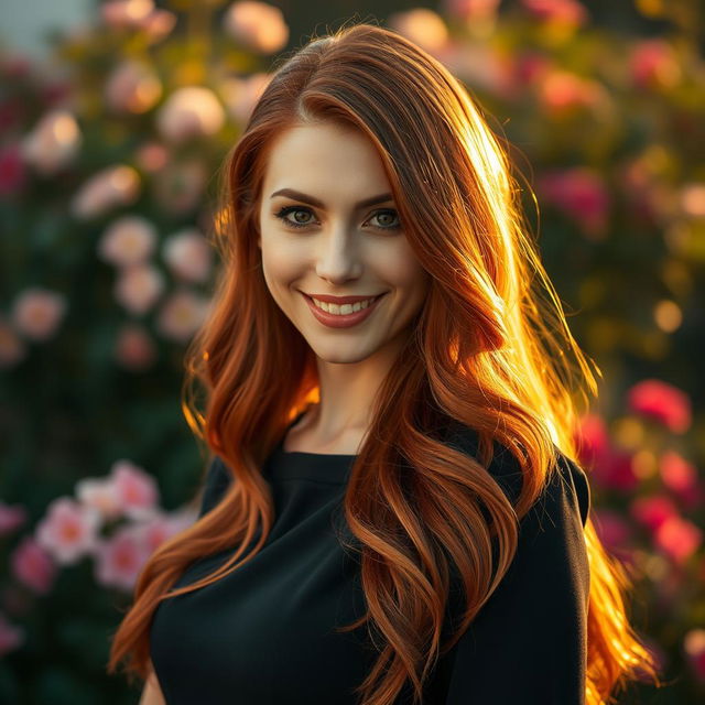 A striking portrait of a woman with long, flowing red hair, cascading down her shoulders in soft waves