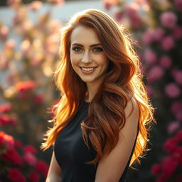 A striking portrait of a woman with long, flowing red hair, cascading down her shoulders in soft waves