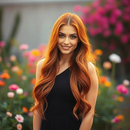 A striking portrait of a woman with long, flowing red hair, cascading down her shoulders in soft waves