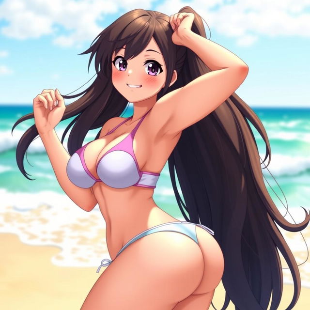 A 3D anime girl with exaggerated features, notably big breasts and a huge butt, posing confidently in a stylish bikini that highlights her curves
