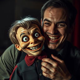 A chilling horror scene featuring a man smiling widely while holding a terrifying ventriloquist dummy that resembles a young boy