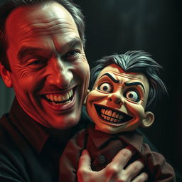 A chilling horror scene featuring a man smiling widely while holding a terrifying ventriloquist dummy that resembles a young boy