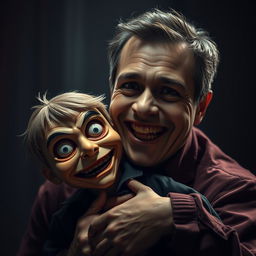 A chilling horror scene featuring a man smiling widely while holding a terrifying ventriloquist dummy that resembles a young boy