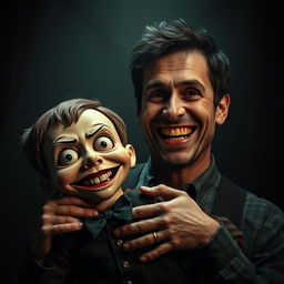 A chilling horror scene featuring a man smiling widely while holding a terrifying ventriloquist dummy that resembles a young boy