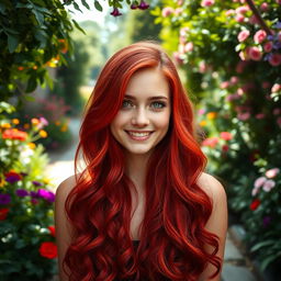 A striking portrait of a person with vibrant red hair, cascading in luxurious waves