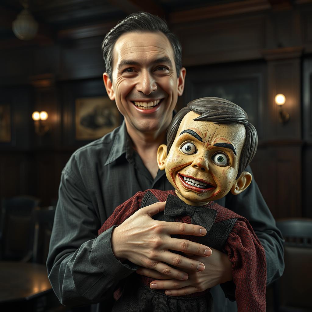 A vintage horror scene featuring a man smiling eerily while holding a terrifying old-fashioned ventriloquist dummy that looks like a young boy