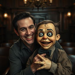 A vintage horror scene featuring a man smiling eerily while holding a terrifying old-fashioned ventriloquist dummy that looks like a young boy