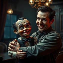 A vintage horror scene featuring a man smiling eerily while holding a terrifying old-fashioned ventriloquist dummy that looks like a young boy