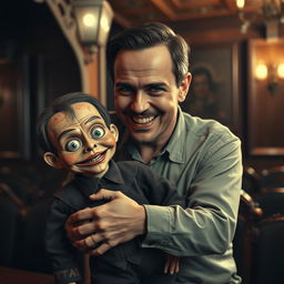 A vintage horror scene featuring a man smiling eerily while holding a terrifying old-fashioned ventriloquist dummy that looks like a young boy