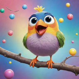 An endearing, wingless cartoon bird with large expressive eyes and a cheerful grin, perched on a branch amidst a bubbly, colorful cartoon setting