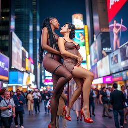 Two beautiful tall women with long legs, wearing only fishnet bodysuits with high leg cutouts and high heels, displaying an intimate moment in New York Times Square at night, amidst a bustling crowd