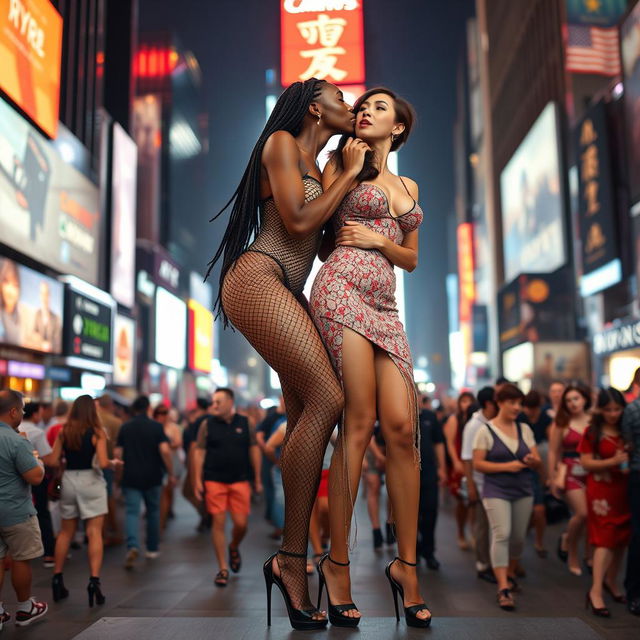 Two beautiful tall women with long legs, wearing only fishnet bodysuits with high leg cutouts and high heels, displaying an intimate moment in New York Times Square at night, amidst a bustling crowd