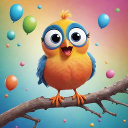 An endearing, wingless cartoon bird with large expressive eyes and a cheerful grin, perched on a branch amidst a bubbly, colorful cartoon setting