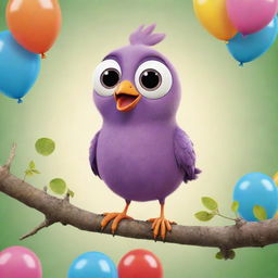 An endearing, wingless cartoon bird with large expressive eyes and a cheerful grin, perched on a branch amidst a bubbly, colorful cartoon setting