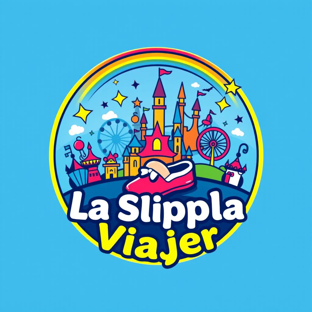 A vibrant and colorful circular logo design for "La Pantufla Viajera," a new travel agency focused on Disney and Universal holiday destinations