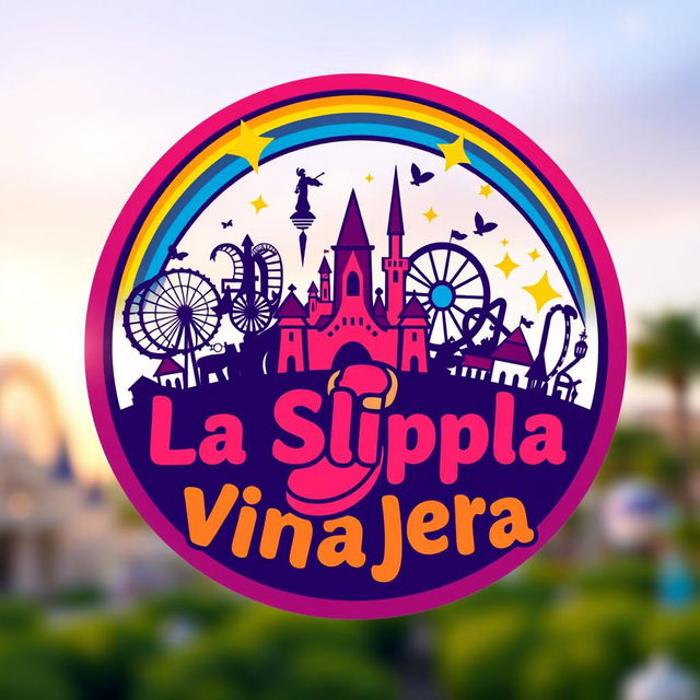 A vibrant and colorful circular logo design for "La Pantufla Viajera," a new travel agency focused on Disney and Universal holiday destinations