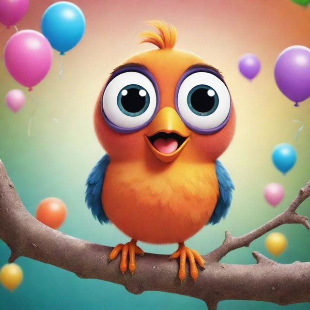 An endearing, wingless cartoon bird with large expressive eyes and a cheerful grin, perched on a branch amidst a bubbly, colorful cartoon setting