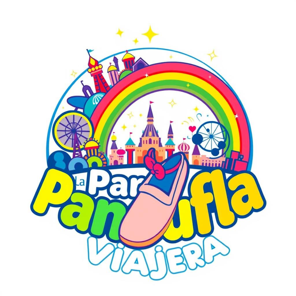 A colorful and cheerful circular logo design for "La Pantufla Viajera," a travel agency dedicated to Disney and Universal holiday destinations