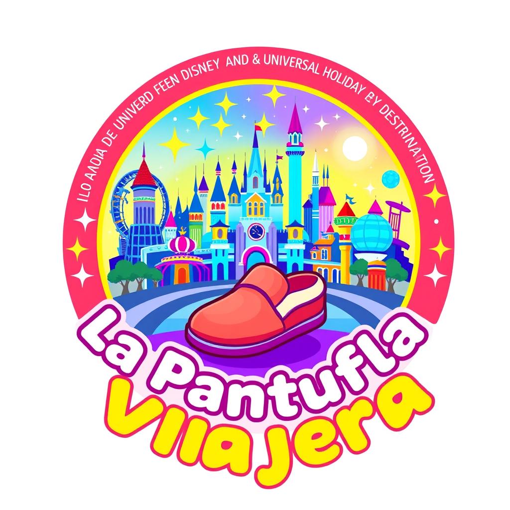 A colorful and futuristic circular logo design for "La Pantufla Viajera," a travel agency specializing in Disney and Universal holiday destinations