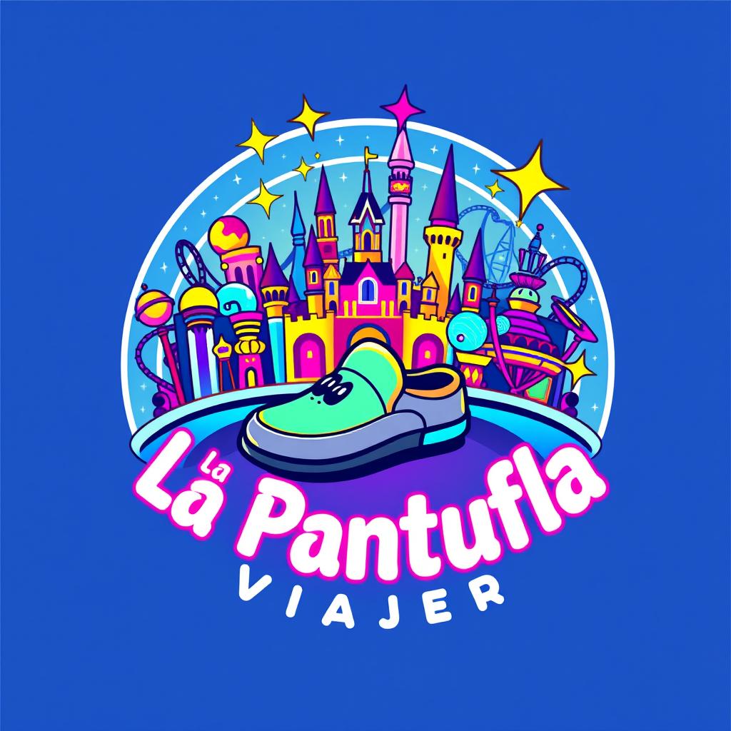 A colorful and futuristic circular logo design for "La Pantufla Viajera," a travel agency specializing in Disney and Universal holiday destinations