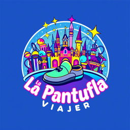 A colorful and futuristic circular logo design for "La Pantufla Viajera," a travel agency specializing in Disney and Universal holiday destinations