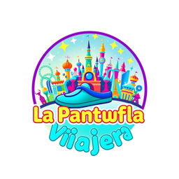 A colorful and futuristic circular logo design for "La Pantufla Viajera," a travel agency specializing in Disney and Universal holiday destinations