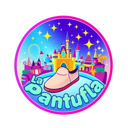 A colorful and futuristic circular logo design for "La Pantufla Viajera," a travel agency specializing in Disney and Universal holiday destinations