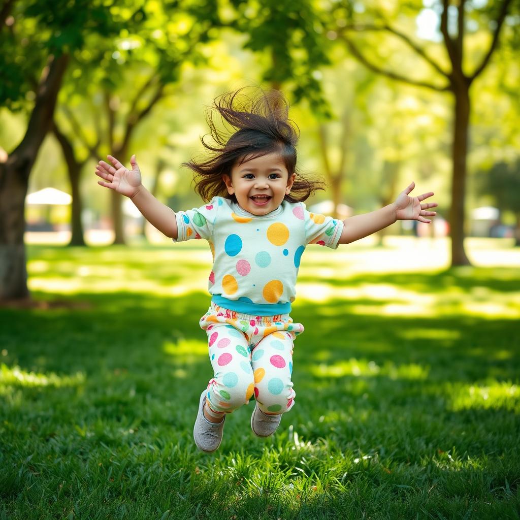 A joyful scene of a young child exuberantly jumping with a big smile on their face