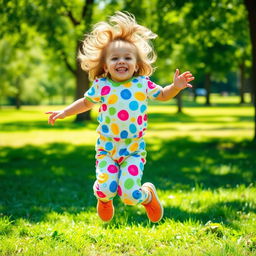 A joyful scene of a young child exuberantly jumping with a big smile on their face