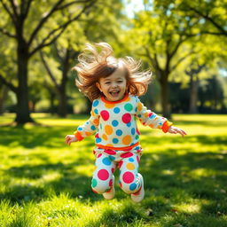 A joyful scene of a young child exuberantly jumping with a big smile on their face