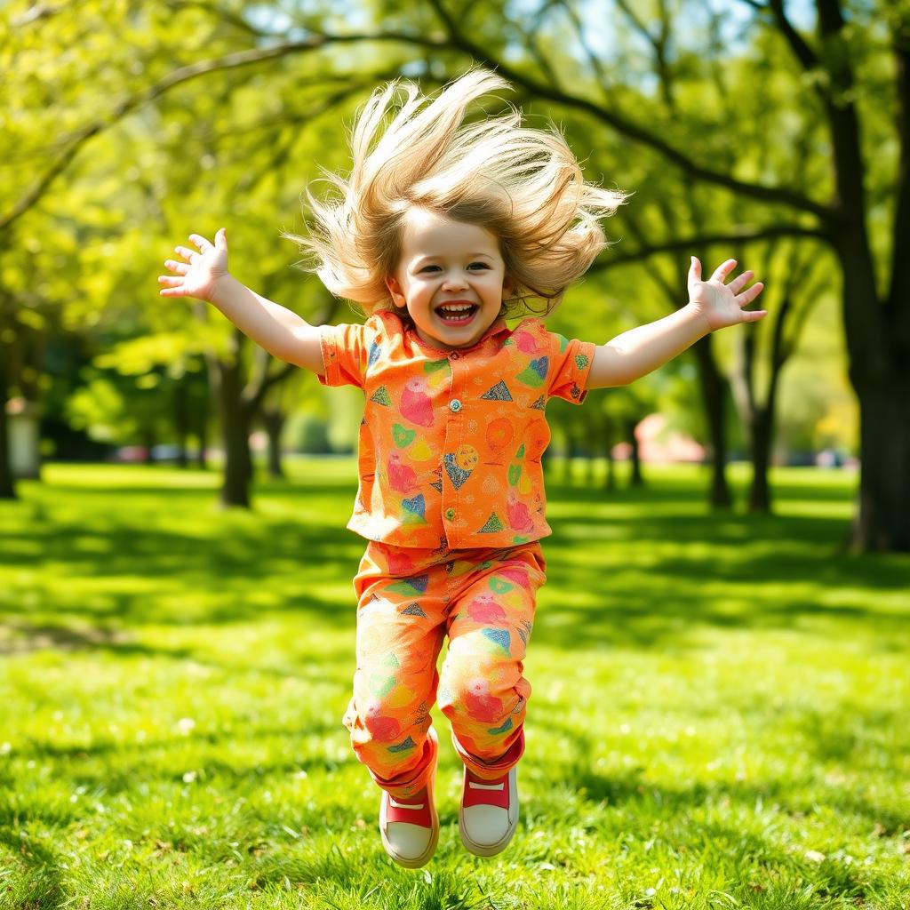 A joyful scene of a young child exuberantly jumping with a big smile on their face