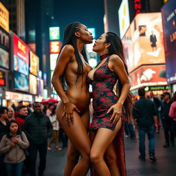 Two beautiful tall women with long legs, one naked and the other in a traditional Chinese dress with a very short skirt that highlights her large cleavage, are passionately tongue-kissing in New York Times Square at night