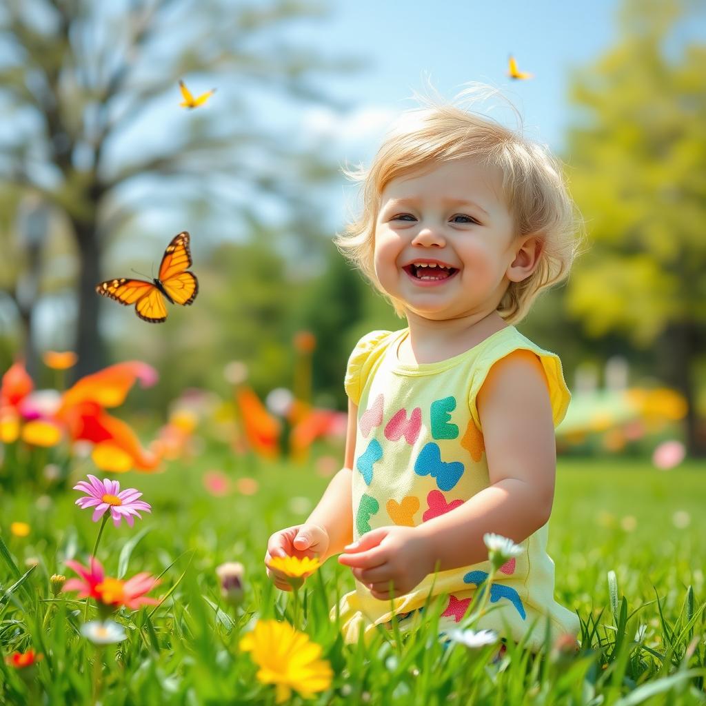 A cheerful scene featuring a young child radiating joy and happiness