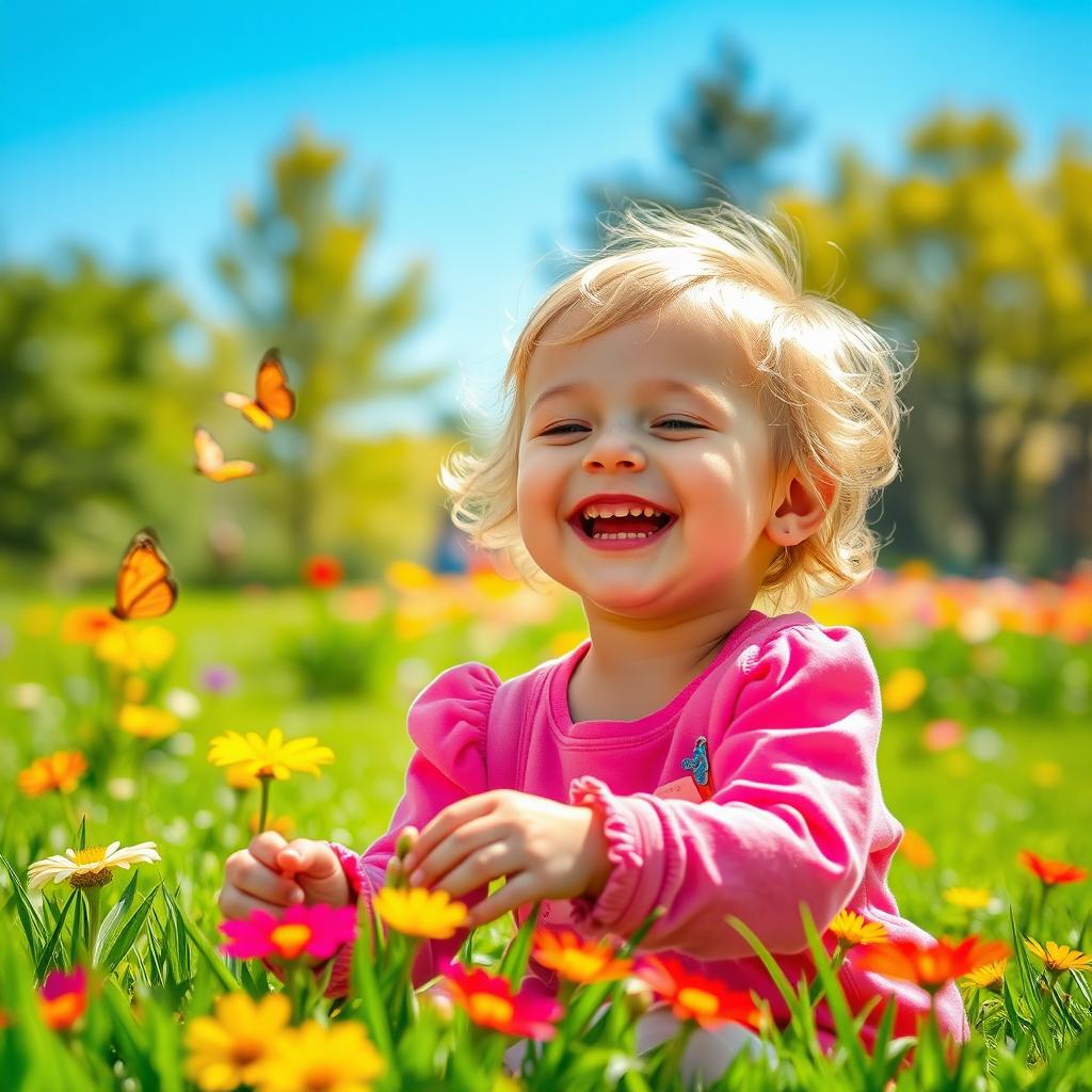 A cheerful scene featuring a young child radiating joy and happiness