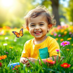 A cheerful scene featuring a young child radiating joy and happiness