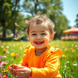 A cheerful scene featuring a young child radiating joy and happiness