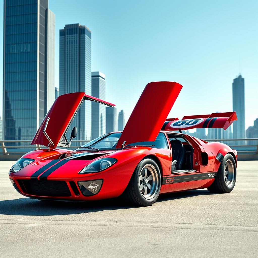 A creatively reimagined Ford GT40 featuring four doors, showcasing a unique blend of classic race car styling with modern design elements