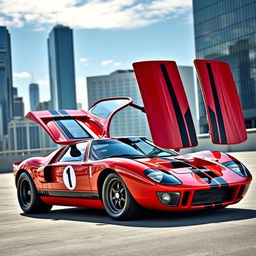 A creatively reimagined Ford GT40 featuring four doors, showcasing a unique blend of classic race car styling with modern design elements