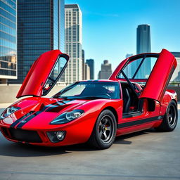 A creatively reimagined Ford GT40 featuring four doors, showcasing a unique blend of classic race car styling with modern design elements