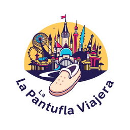 A modern and vibrant circular logo design for "La Pantufla Viajera," a new travel agency specializing in Disney and Universal holiday destinations