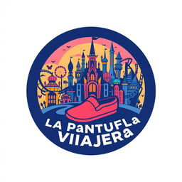 A modern and vibrant circular logo design for "La Pantufla Viajera," a new travel agency specializing in Disney and Universal holiday destinations