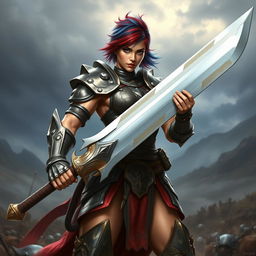 A powerful human female warrior standing confidently, wielding a large greatsword with ease