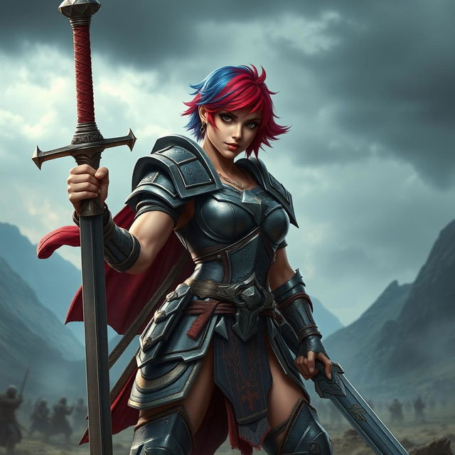 A powerful human female warrior standing confidently, wielding a large greatsword with ease