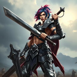 A powerful human female warrior standing confidently, wielding a large greatsword with ease